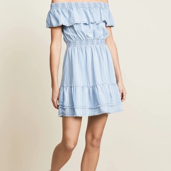 BB Dakota Coco Blue Striped Chambray Off The Shoulder Dress Size XS - Picture 4 of 9